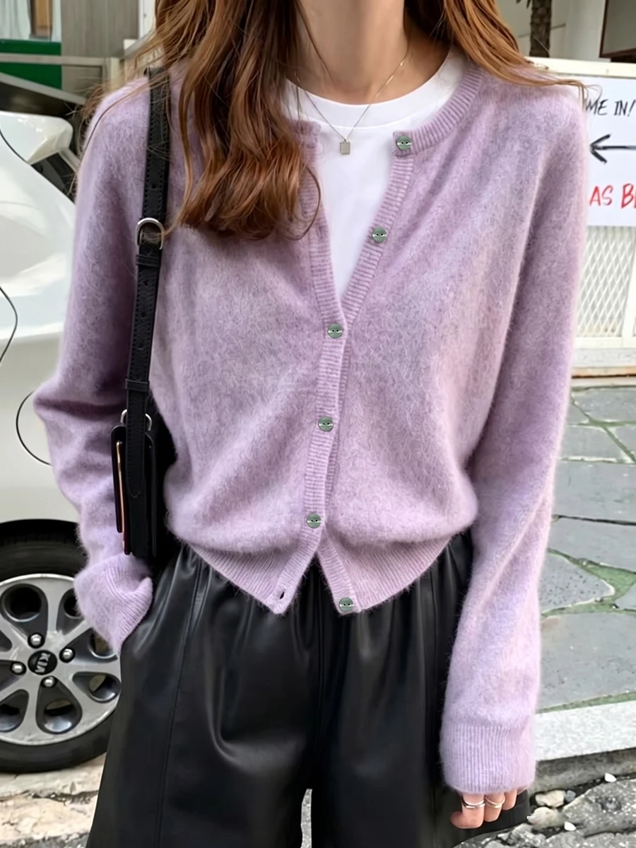 INAWLY Cardigan Wanita Warna Polos Kasual Serbaguna untuk Pemakaian Sehari-hari - Lilac Purple - View 1