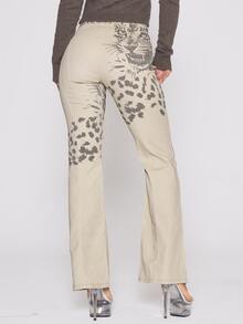 MUSERA Graphic Leopard Printed V Dipped Lace Up Waist Fitted Flare Low Rise Jeans Autumn Winter Fall Coolgirl Holiday Everyday Roadside Renegade - Apricot - View 4