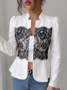 Modelyn Spring/Autumn Vintage Contrast Color Lace Patchwork Long Sleeve Waist-Cinching High-End Elegant Commuter Women's Blazer - Black and White - View 2