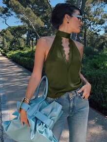 Firerie Women's Spring/Summer Elegant Exquisite Romantic Fashion Commute Urban Modern Vacation Casual Daily Music Festival Deep V-Neck Halter Neck Bow Tie Lace Patchwork Backless Satin Coffee Color Blouse Top - Army Green - View 3