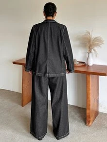 Dazy Plus Loose Long Sleeve Blazer Denim Jacket With Split Line Slimming Long Denim Pants 2 Pieces Set Spring Autumn - Black - View 2