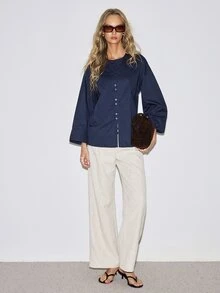 ATUI Studio Áo sơ mi denim tay dài cài nút phong cách đường phố thời trang nữ - Rửa tối - Xem 6