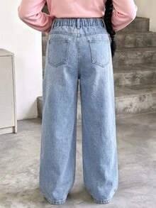 SHEIN Girls Y2K Sweet Style Snowflake Washed Light Blue High Waist Straight Leg Wide Leg Jeans All-Over Print Colorful Heart Rhinestone Decor Campus Daily Versatile High Street Fashion Denim Pants - Medium Wash - View 2