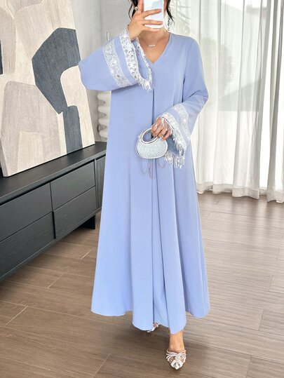 Yasmyna V-Neck Front Pleated Tassel Trim Long Sleeve Abaya, Solid Color Loose Fit Full Skirt Muslim Long Dress, Middle Eastern Daily Women's Wear