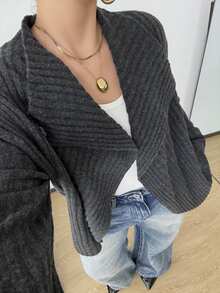 POPSWAY Plus Size Casual Waterfall Collar Ribbed Knit Cardigan, Loose Long Sleeve OpenFront Solid Dark Grey Knitted Jacket - Grey - View 4