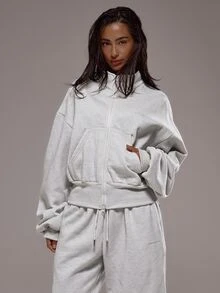 Musera Sport Träningsjacka i fleece med trattkrage och dragkedja, endast jacka, sportig matchande set, aktiv träning, gym, pilates, fitness - Grå - Visa 4