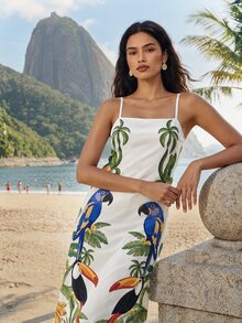 CAJUNI Elegant Sleeveless Straight-Cut Maxi Dress With Tropical Macaw And Toucan Print - Multicolor - View 8