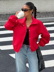Muchica Women's Red Funnel Neck Snap Button Jacket, Lightweight Long Sleeve Windbreaker With Elastic Cuffs & Pockets For Chic Fall Winter Streetwear Outfits - Red - View 5