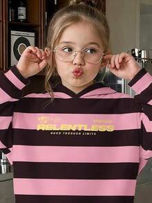 Teen Girl Letter Graphic Striped Hoodie And Pants Set - Multicolor - View 3