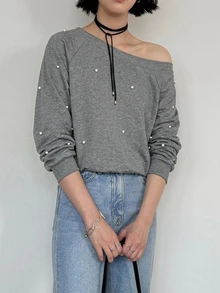 FRIFUL Sweatshirt Longgar Asimetris Model Korea Baru untuk Wanita, Dekorasi Manik-manik, Bahu Asimetris, Awal Musim Gugur - Grey - View 6
