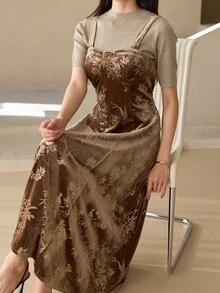 DAZY Elegant Waist-Flattering A-Line Midi Dress For Women - Brown - View 1