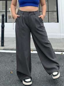 Dazy Plus Plus Size Women's Solid Color Casual Daily Wear Long Pants - Grey - View 3
