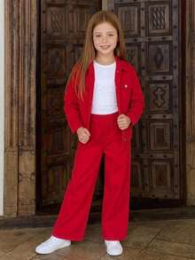 Hapijoa Tween Girl Button Long Sleeve Jacket And Loose Long Pants Denim Set - Red - View 5