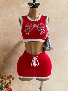 Soleia Women's Bow Pattern Top And Mini Skirt Fashion Knit Two Pieces Set - Red - View 3