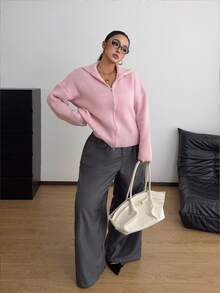 POPSWAY Plus Size Women Solid Color Dropped Shoulder Long Sleeve Zip-Up Knit Cardigan - Pink - View 3