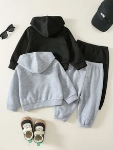 SHEIN 男嬰秋冬保暖內裡加厚黑色/灰色連帽衛衣套裝，適合外出與節日穿著，聖誕禮物 - 彩色 - 查看 2