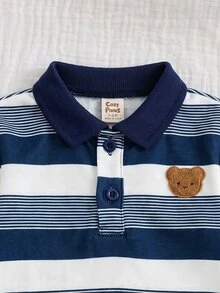 Cozy Pixies 新生兒熊圖案對比色 Polo 領長袖運動衫與長褲套裝 - 彩色 - 查看 8