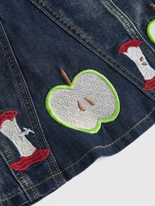 ROMWE Kawaii Vintage Women's Y2K Millennium Retro Versatile Apple Embroidered Washed Blue Mid-Length Denim Skirt - Dark Wash - View 3