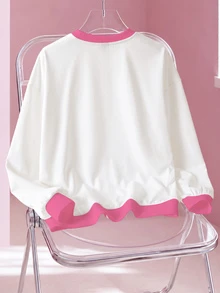 HELLO KITTY AND FRIENDS | SHEIN بلوزة رياضية نسائية بطبعة كرتونية كاجوال للاستخدام اليومي بأكمام طويلة - أبيض - مشاهدة 2