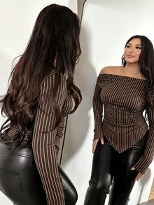 Firerie Plus Size Women's Asymmetrical Shoulder Striped Casual Daily Long Sleeve T-Shirt - Multicolor - View 7