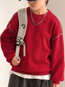 SHEIN Little Byeori 兒童青少年男孩休閒韓系寬鬆撞色圓領運動衫，適合學校、日常休閒穿著、運動，秋冬款 - 紅色 - 查看 6