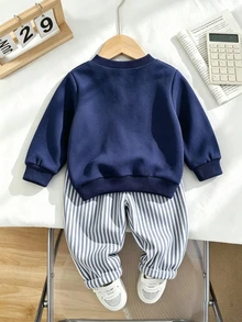 Áo nỉ dài tay cổ tròn in hình gấu hoạt hình cho bé trai, mùa thu/đông - Màu xanh hải quân - Xem 2