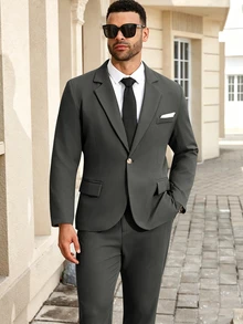 Manfinity Mode Men's Plus Size Business Style Lapel Blazer And Trousers Set - Grey - View 6
