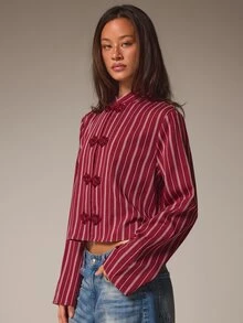 Athîral Women's Casual Burgundy Striped Frog Button Shirt, Suitable For Autumn Wear, Business Casual Or Professional Style - Burgundy - View 6