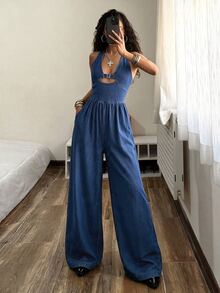 StreetHx Women's Deep V-Neck Buckle Design Sexy Halter Wide Leg Denim Jumpsuit - Blue - View 4