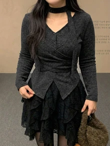 Dazy Plus Korean Style Solid Color Casual Long Sleeve T-Shirt With Tie Straps - Dark Grey - View 4