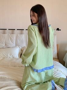 Dazy Plus Cute Plaid Peter Pan Collar Top & Pants 2-Piece Set Green Pajama Loungewear - Mint Green - View 2