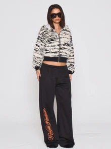 MUSERA Zebra Printed Fluffy Logo Embroidered Hooded Cropped Jacket Autumn Winter Fall Coolgirl Holiday Everyday Roadside Renegade - Black and White - View 2