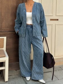 Dazy Plus V-Neck Long Sleeve Tie Waist Blue Diamond Quilted Denim Fabric Loose Wide Leg Pants Denim Set - Medium Wash - View 7