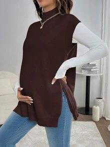 SHEIN Maternity Solid Color Stand Collar Side Slit Hem Casual Knit Vest - Coffee Brown - View 3
