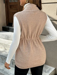Momance 孕婦純色大翻領綁腰休閒針織背心 - 杏色 - 查看 2