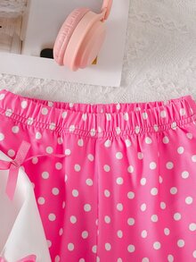 SHEIN 女童 2 件套休閒套裝，蝴蝶結裝飾長袖衛衣與波點喇叭褲 - 玫紅色 - 查看 10