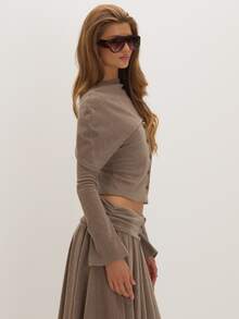 MUSEYN Stone Soft Cape Overlay Button Long Sleeve Top Versatile Everyday Casual Chic New Season Fall - Light Grey - View 3
