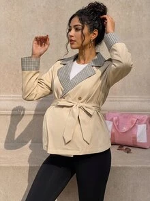 Momance Áo trench ngắn bầu phối cổ caro patchwork màu xám, phong cách công sở thanh lịch, cổ điển, thường ngày cho mùa thu - Màu Khaki - Xem 8