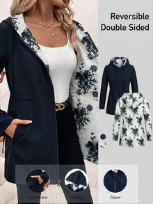 SHEIN Clasi Plus Size Women's Reversible Long Sleeve Zip-Up Drawstring Hooded Jacket - Navy Blue - View 7