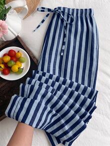 SHEIN EZwear Plus Size Striped Colorblock Drawstring Waist Pants For Daily Wear - Royal Blue - View 1