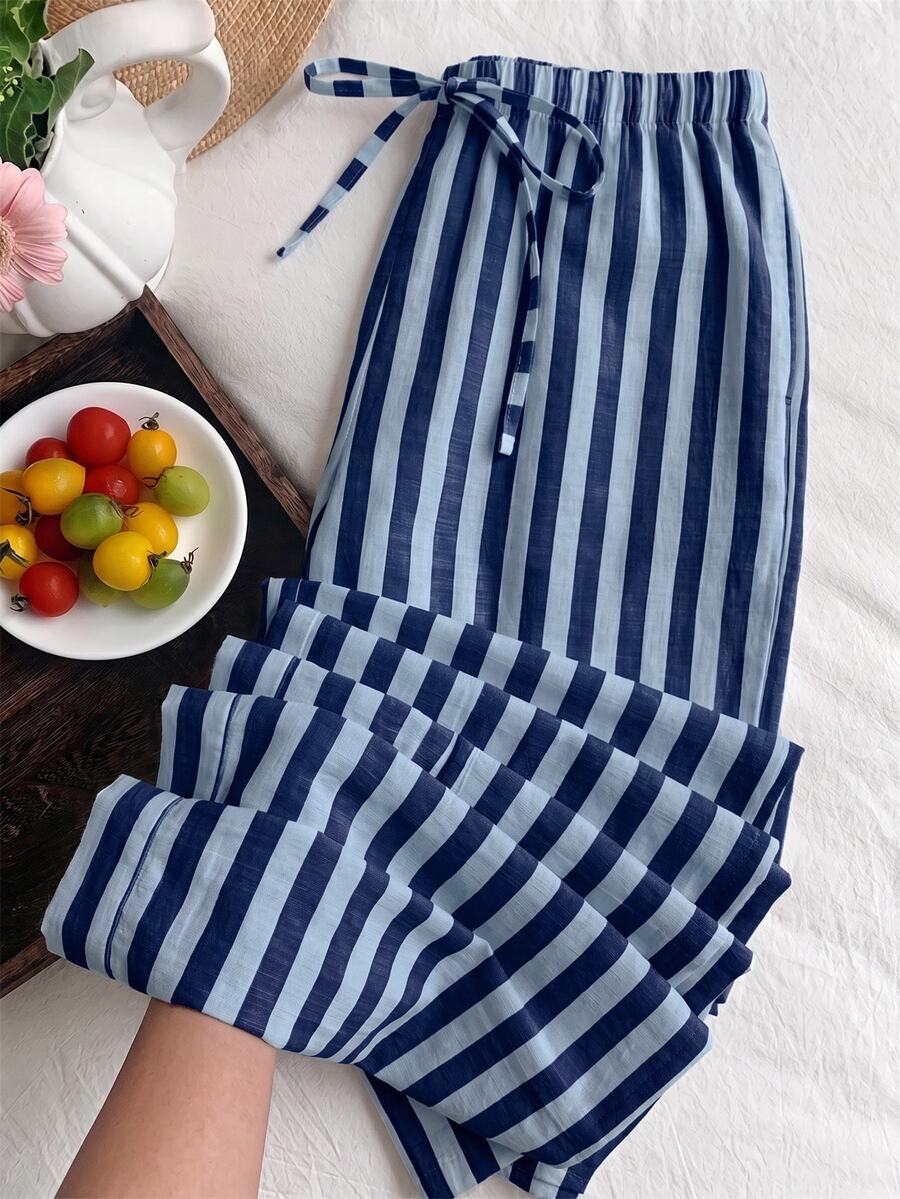 SHEIN EZwear Plus Size Striped Colorblock Drawstring Waist Pants For Daily Wear - Royal Blue - View 1
