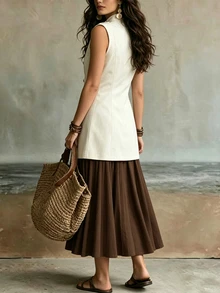 SHEIN LUNE Women's Elegant Napoleon Style Vest Coat And Long Skirt Set - Brown - View 2