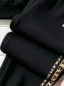 女童 2 件套休閒舒適百搭衛衣與運動長褲套裝，甜酷粉色豹紋滿版印花設計，甜美蝴蝶結圖案，甜美奶油風，適合秋冬 - 黑色 - 查看 5