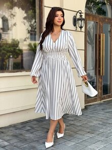 Easura Plus Size Streetwear Striped Colorblock Waist-Cinching Dress - Black and White - View 5