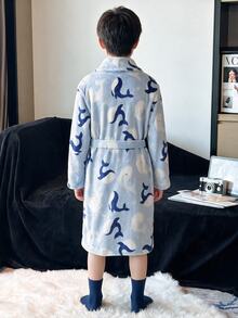 Kids Tween Boy Dolphin & Whale Pattern Thermal Lined Thick Long Sleeve Tie-Up Lapel Plush Robe, Bathrobe Cover-Up, Suitable For Indoor And Outdoor Use In Autumn/Winter - Baby Blue - View 3