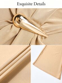 SOLERSUN Women Elegant OneShoulder Ruched Jumpsuit,Long Sleeve Metal Buckle Detail Flare Leg Formal Romper For Wedding Guest Evening Party Holiday Occasion - Khaki - View 7