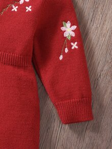 SHEIN 女嬰幼兒針織套頭圓領長袖毛衣洋裝，舒適秋季/冬季穿著，綠色/深綠色，優雅淑女風，刺繡重工設計，時尚時髦，適合日常穿著、外出、旅行、上學 - 紅色 - 查看 7
