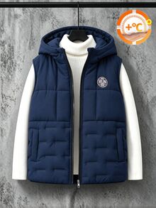 Boys Casual Hooded Vest, Autumn/Winter, Suitable For Outdoor, Cotton Padded - Navy Blue - View 1