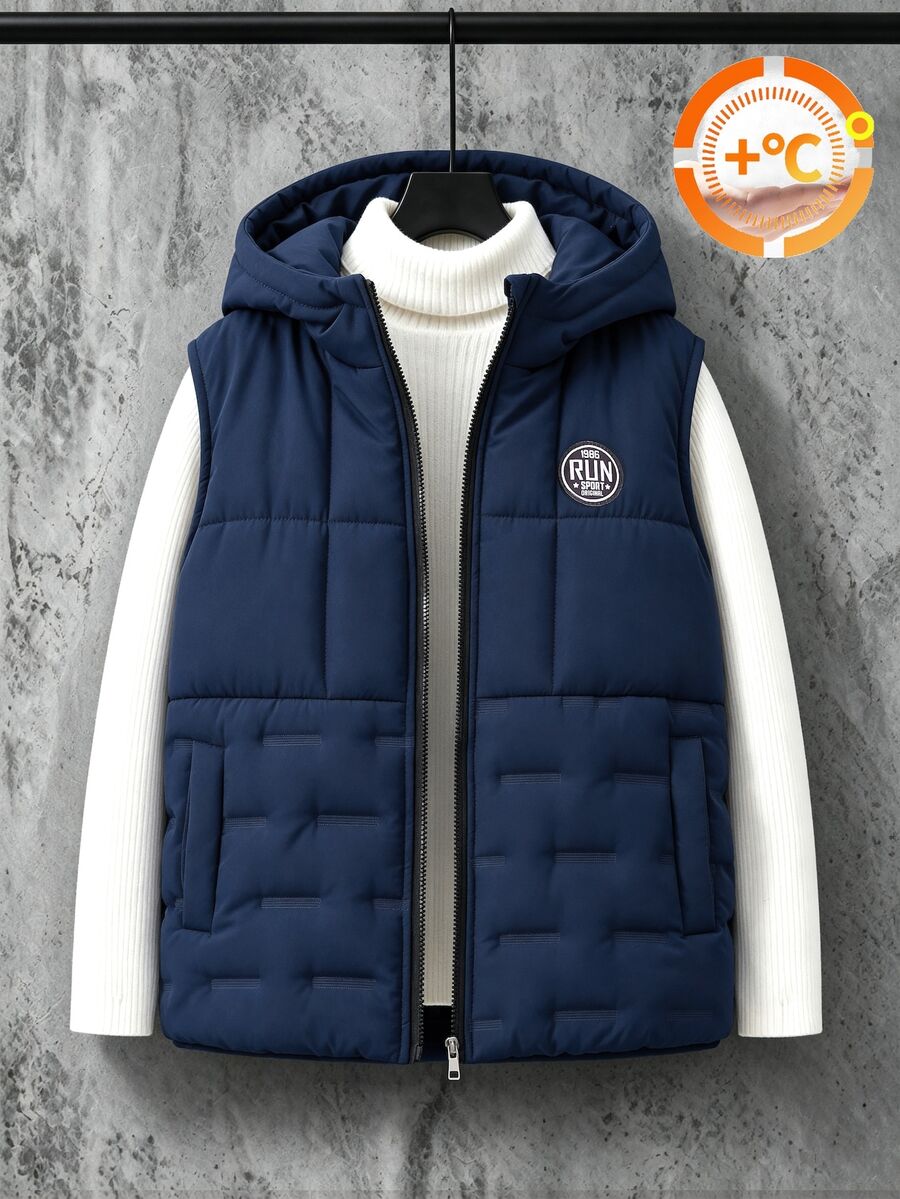 Boys Casual Hooded Vest, Autumn/Winter, Suitable For Outdoor, Cotton Padded - Navy Blue - View 1