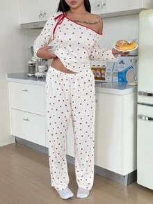 ZzzCrew Set Piyama Celana Panjang Motif Hati Lengan Panjang Bahu Asimetris Seksi Ukuran Plus - Aprikot - View 5